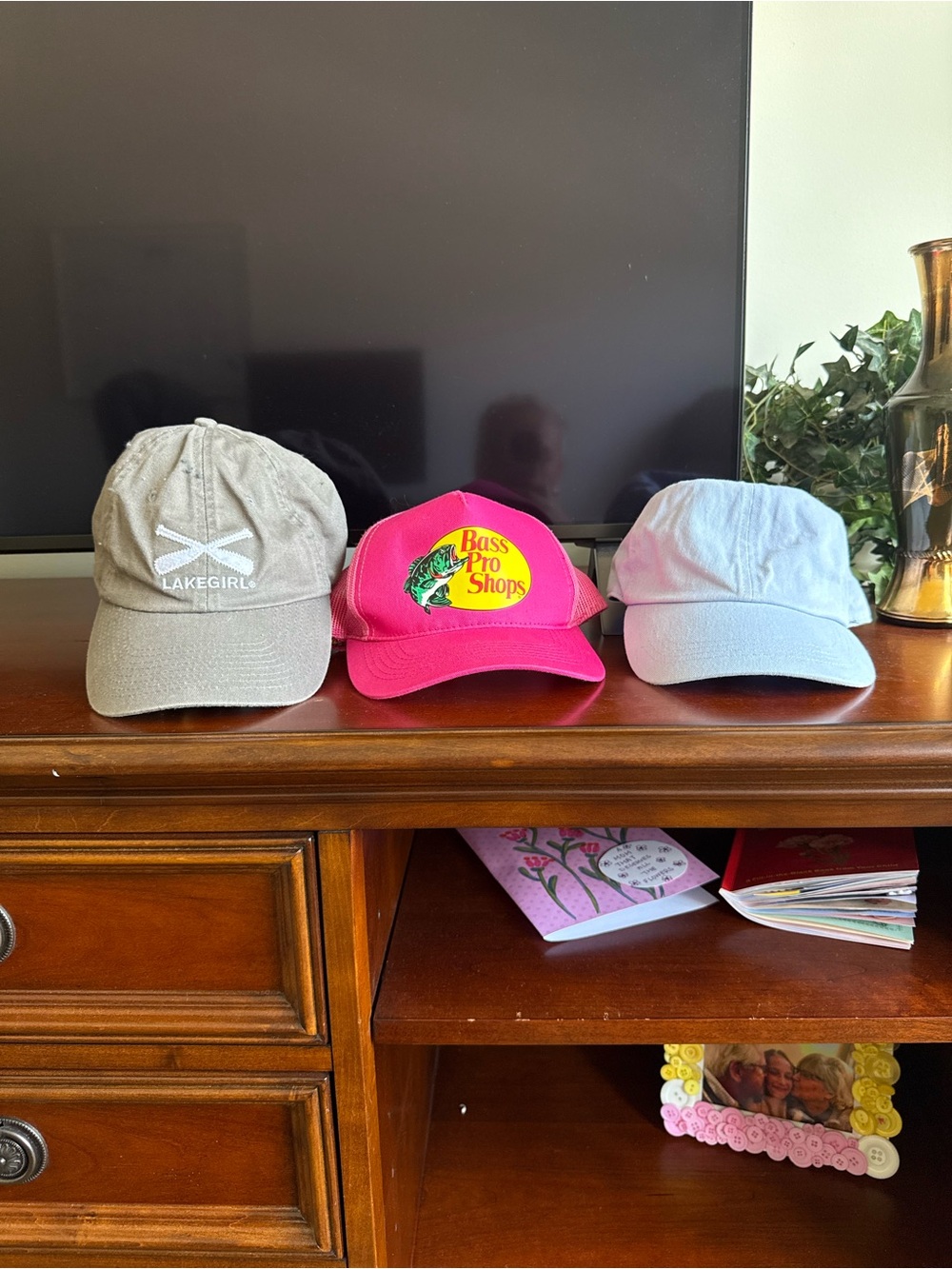 Trio of Casual Baseball Caps - Gray, Hot Pink Bass Pro, Light Blue